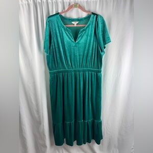Terra & Sky Green Flutter Sleeve Midi Velvet Dress